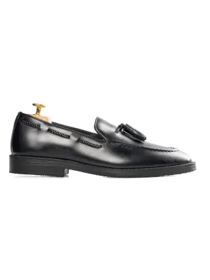 Foot Date Palm Tree Tassel Loafer - Black Leather (Crepe Sole)