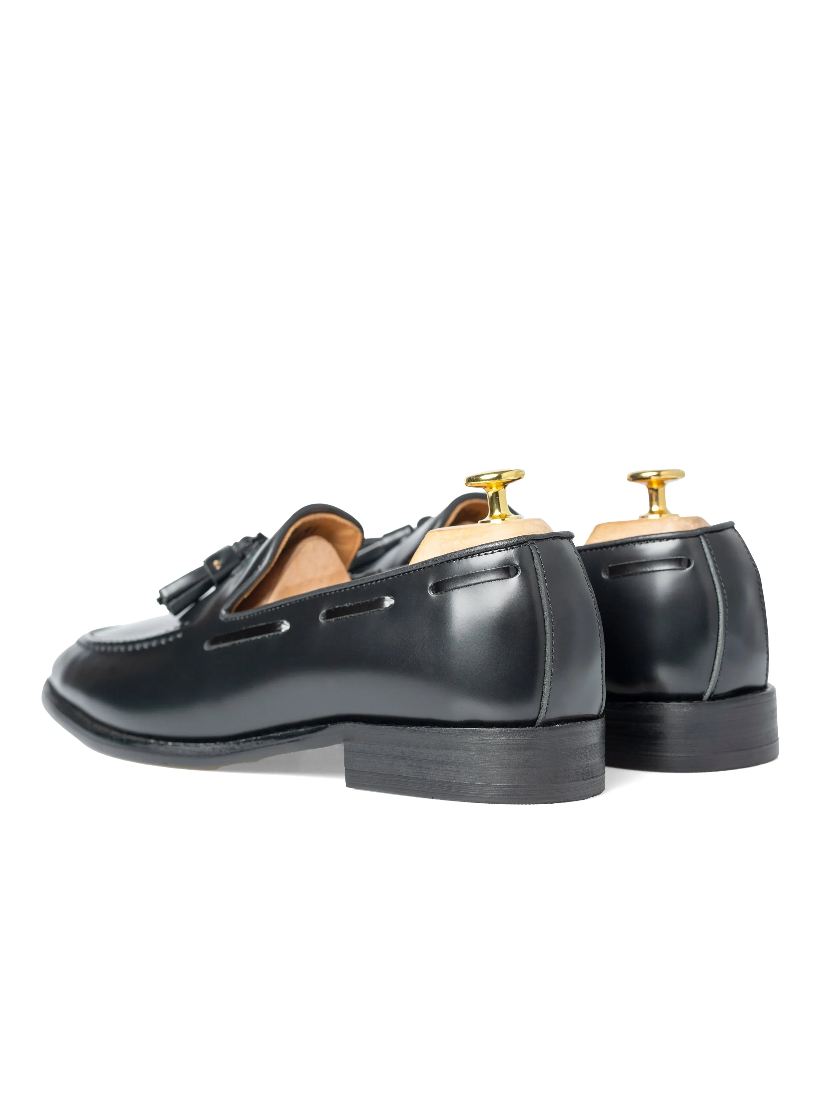 Tassel Loafer - Black Polished Leather Comfortable Foot Wrap Mesh Construction Design