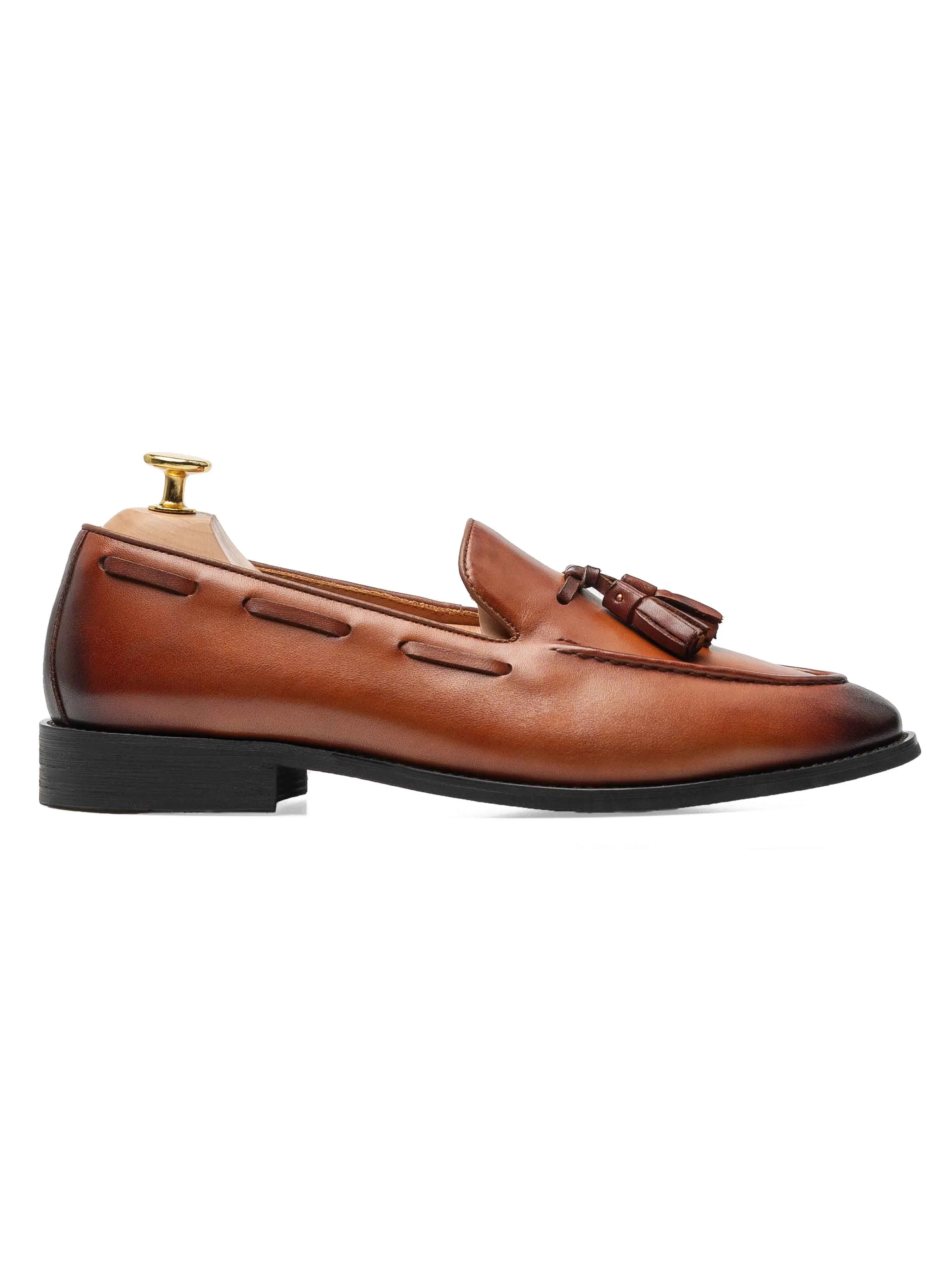 Designed to Dominate Made to Turn Heads Tassel Loafer - Cognac Tan (Hand Painted Patina)