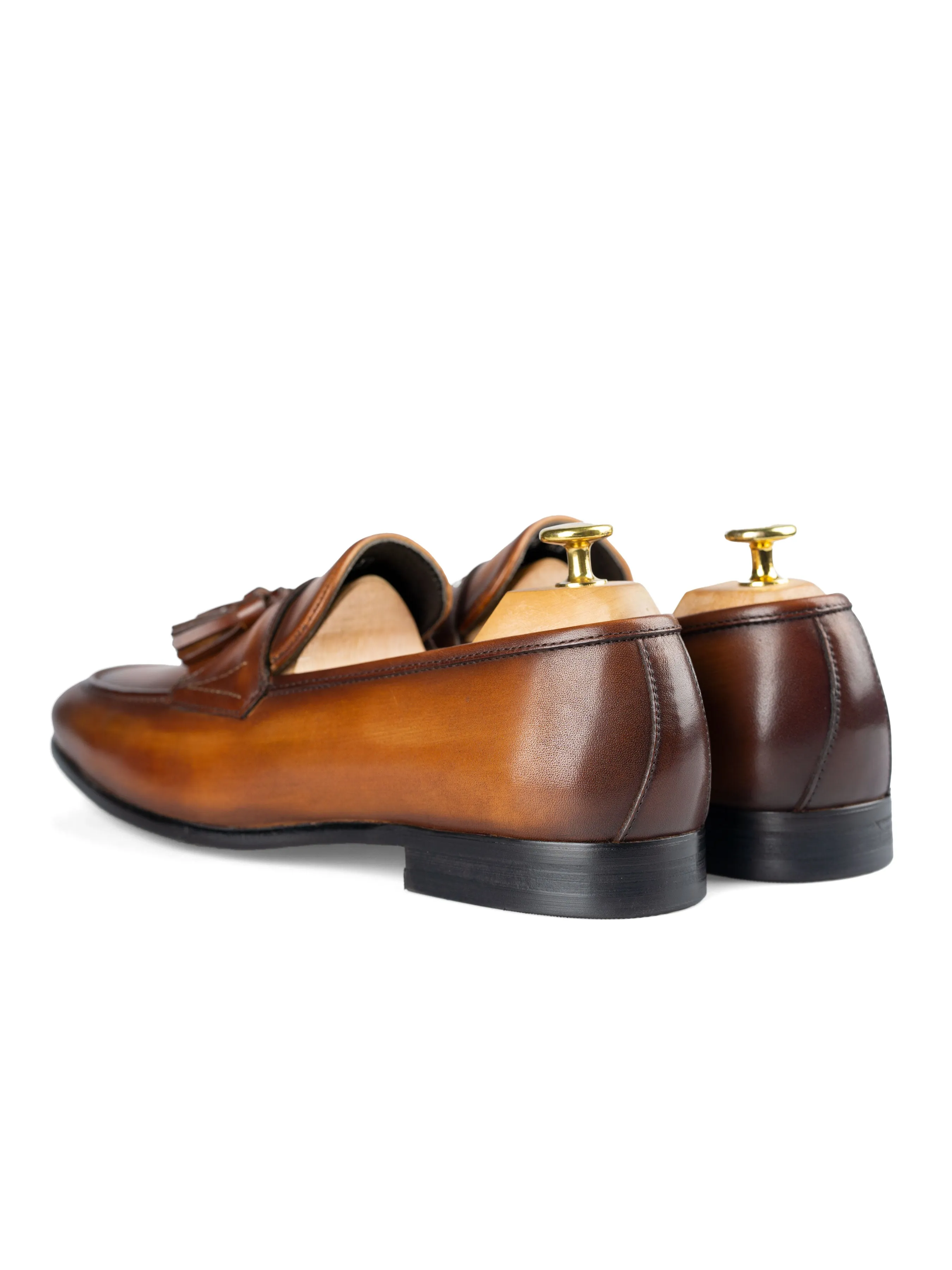 Molded Tassel Loafer Wing Strap - Cognac Tan (Hand Painted Patina)