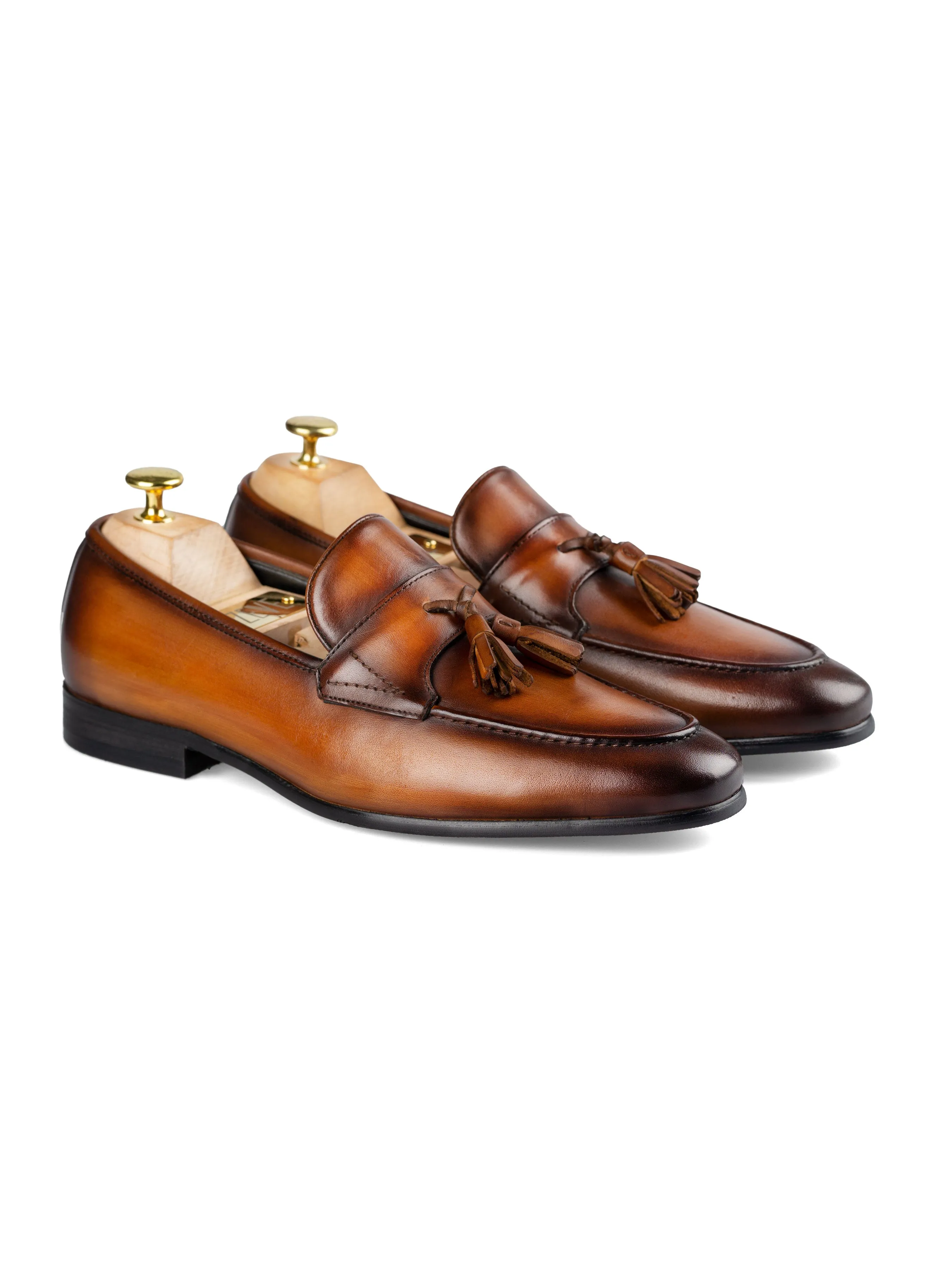 Slip-On Coordinated Tassel Loafer Wing Strap - Cognac Tan (Hand Painted Patina)