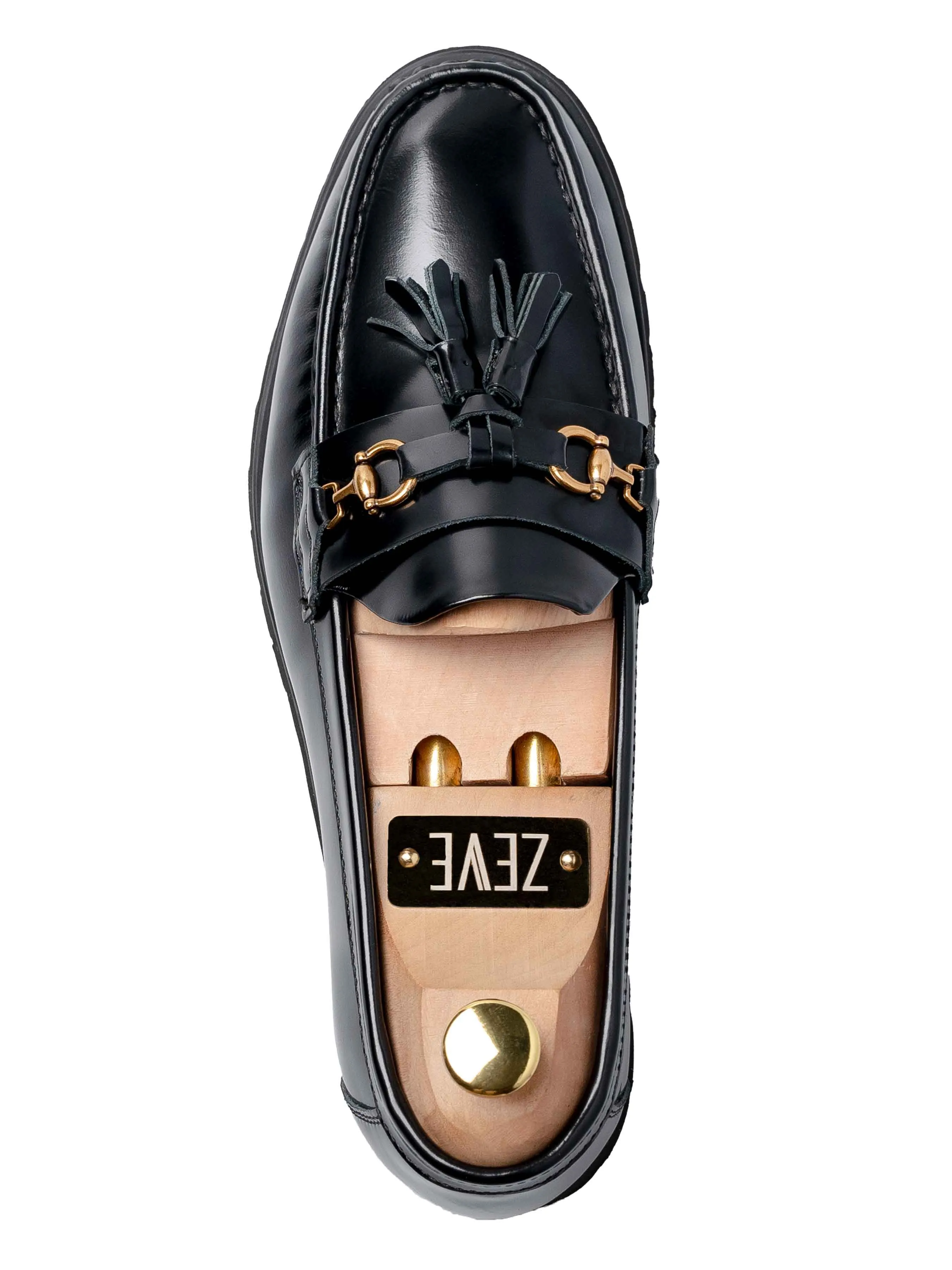 Supportive Arch Design Tassel Moccasin Buckle Loafer - Black Patent Leather (Eva Combat)