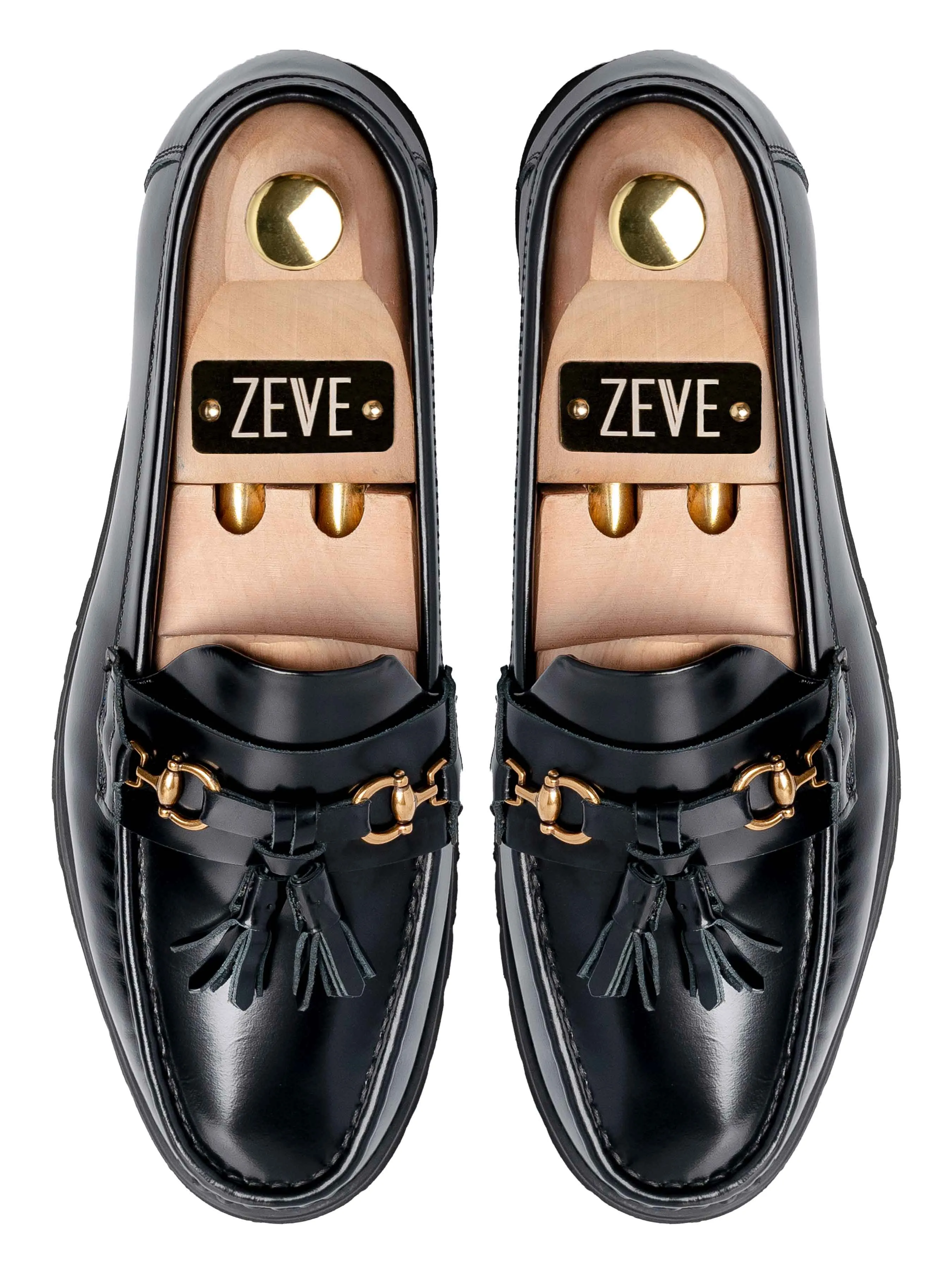 Distressed Leather Tassel Moccasin Buckle Loafer - Black Patent Leather (Eva Combat)