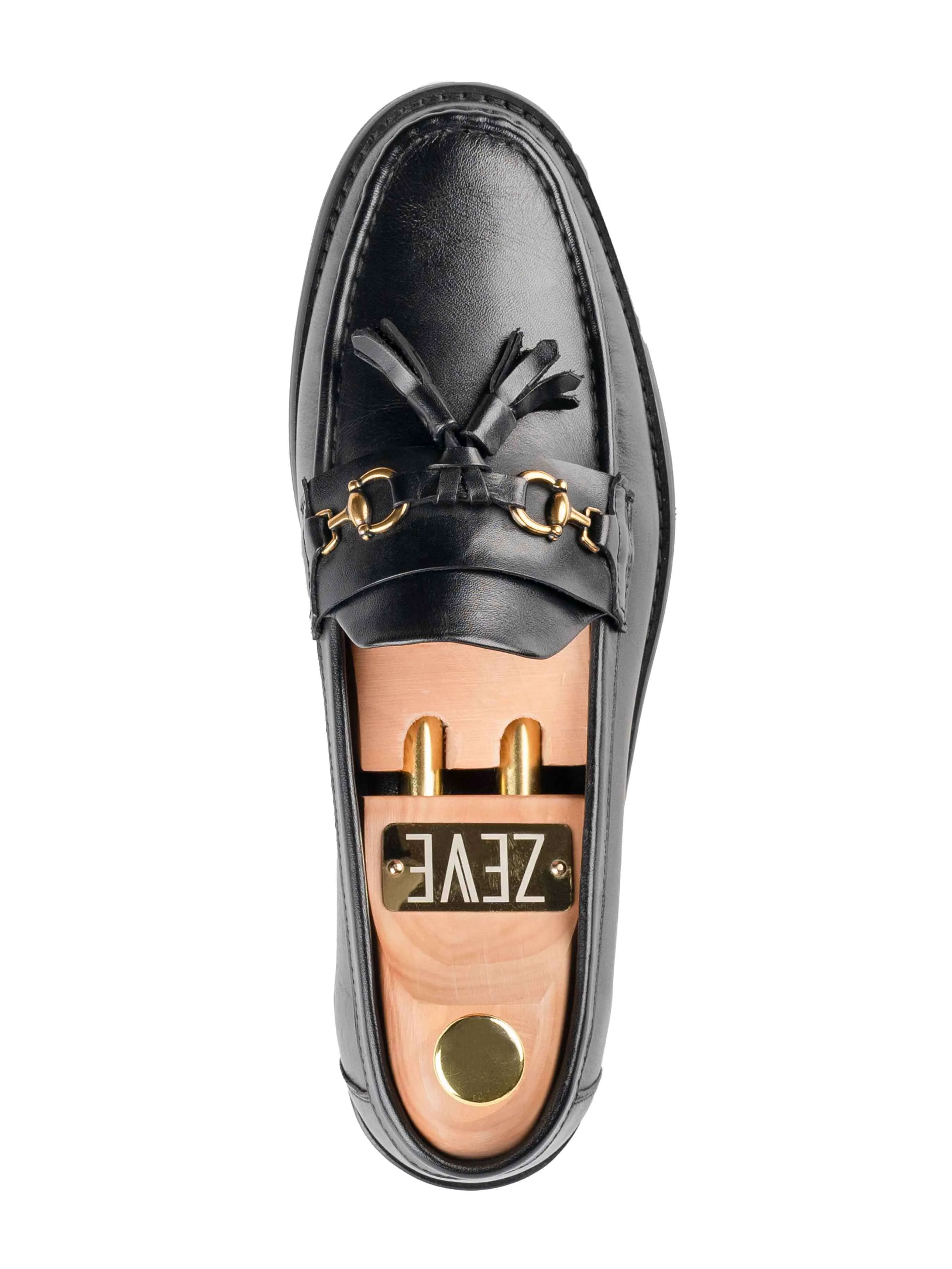 Perforated Slippers Nubuck Upper Material Tassel Moccasin Buckle Loafer  - Solid Black Leather