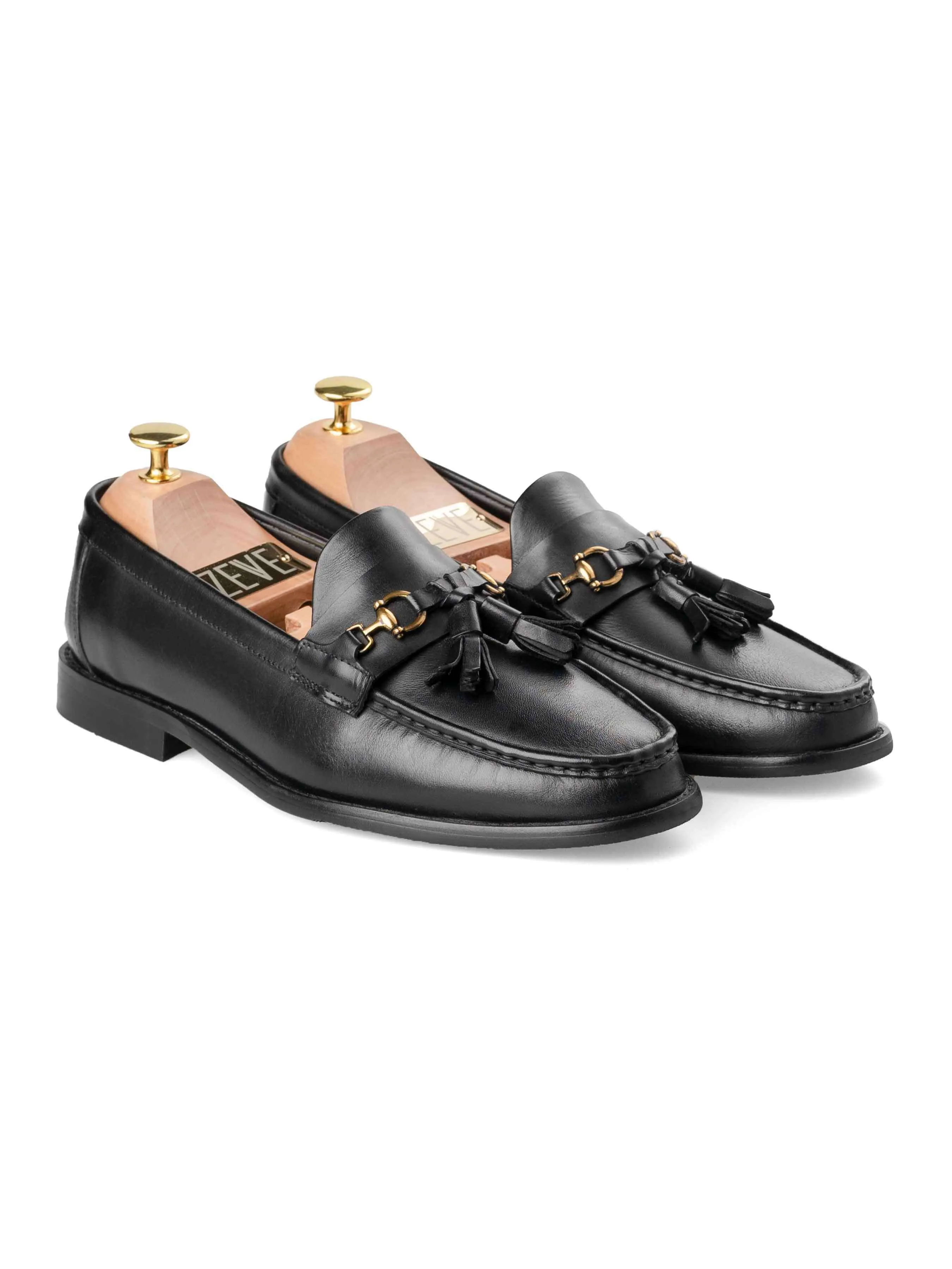 Lightweight Polyurethane Tassel Moccasin Buckle Loafer  - Solid Black Leather