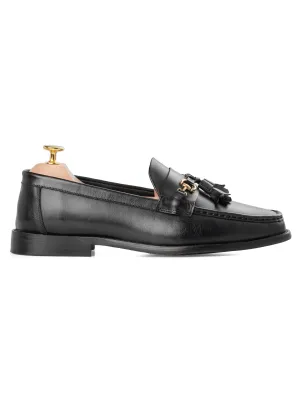 Tassel Moccasin Buckle Loafer  - Solid Black Leather Strong And Synthetic Material Slip-On Style Design