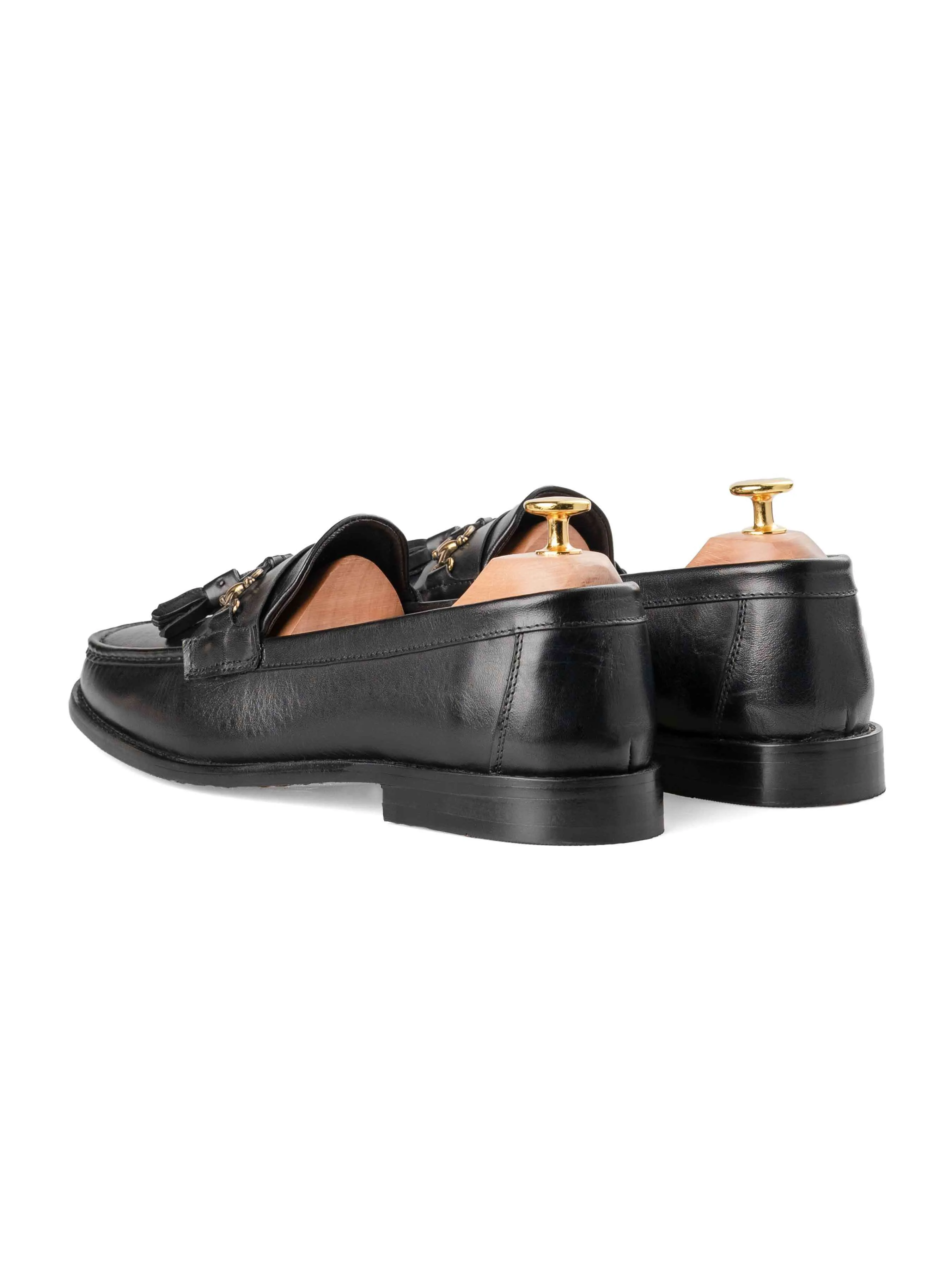 Walking Convenience Tassel Moccasin Buckle Loafer  - Solid Black Leather
