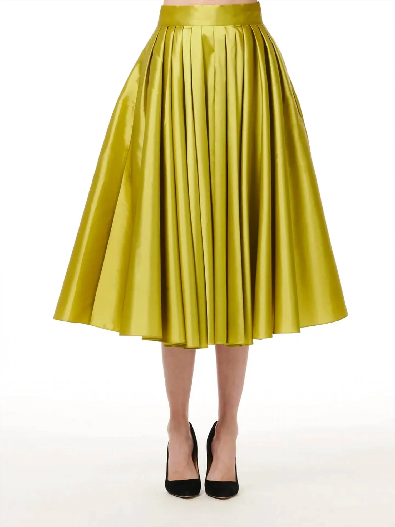 Jupe mi-longue plissée en taffetas souple couleur citrine