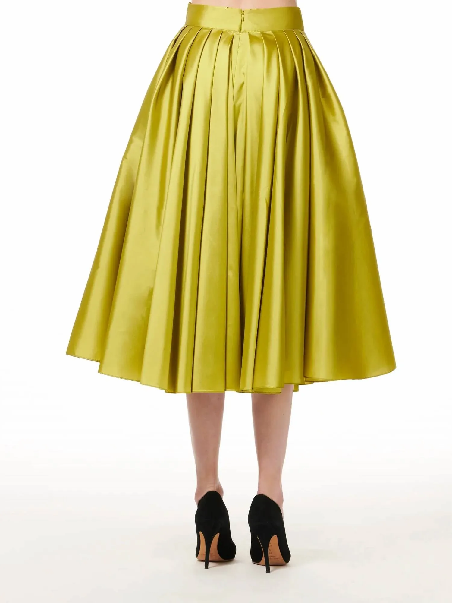 Jupe mi-longue plissée en taffetas souple couleur citrine
