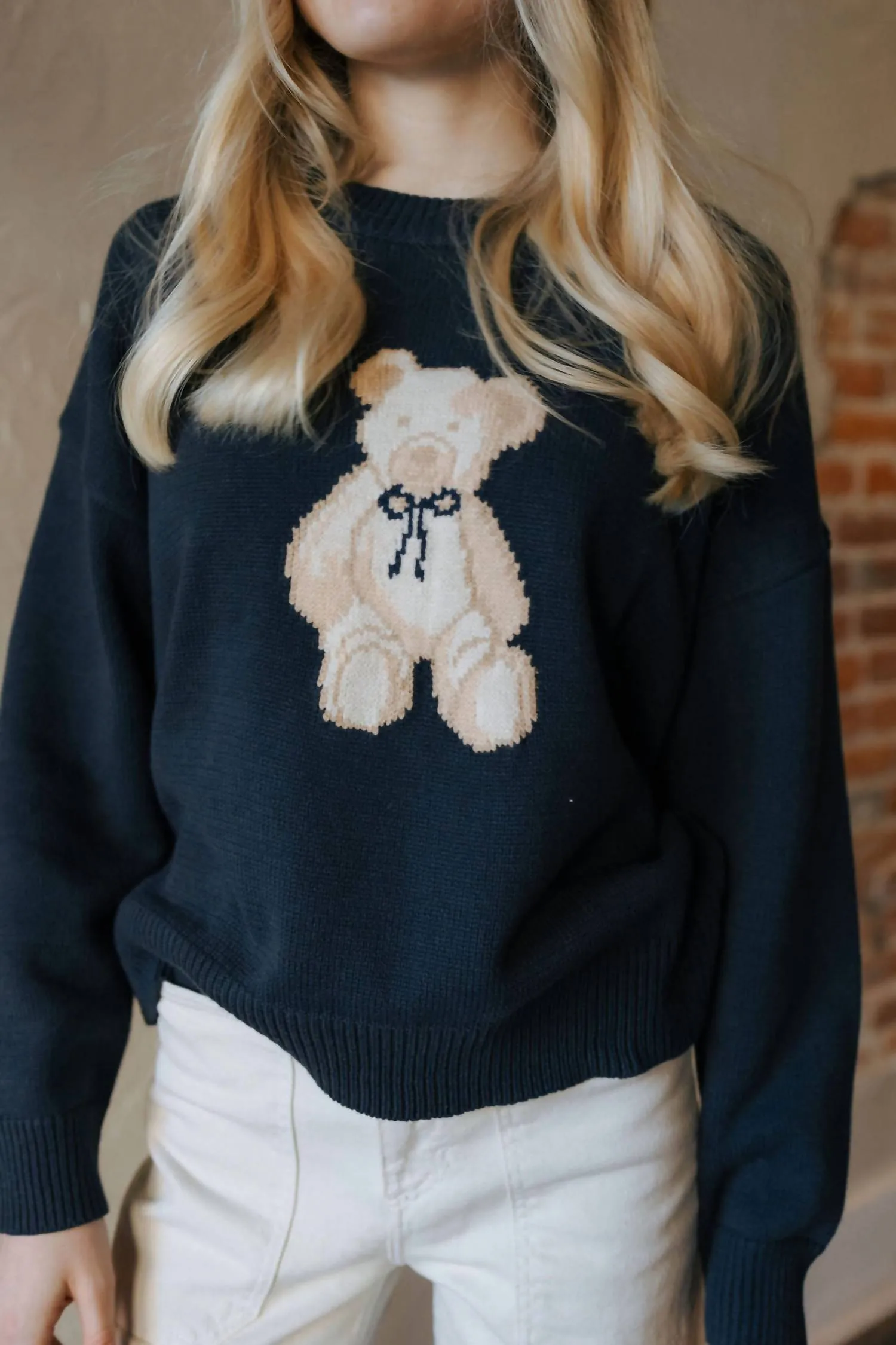 Pull à col rond en laine ours Teddy en marine