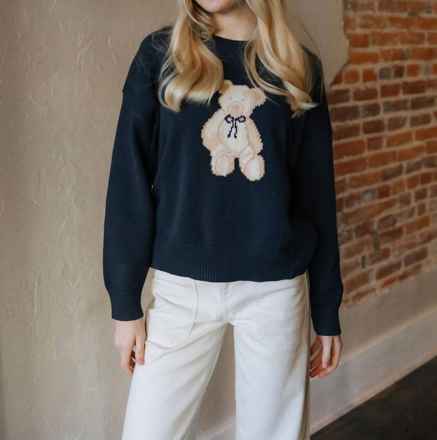 Pull à col rond en laine ours Teddy en marine