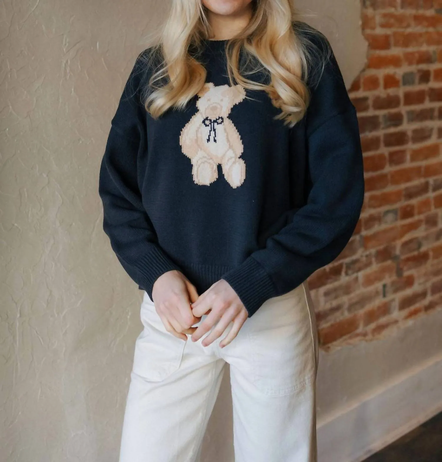 Pull à col rond en laine ours Teddy en marine