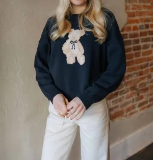 Pull à col rond en laine ours Teddy en marine