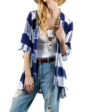 Kimono en Dentelle Tie Dye à Dos Crocheté en Bleu