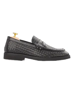 Penny Moccasin Loafer - Black Woven Leather (Crepe Sole) Black Friday Deal Father's Day Sale