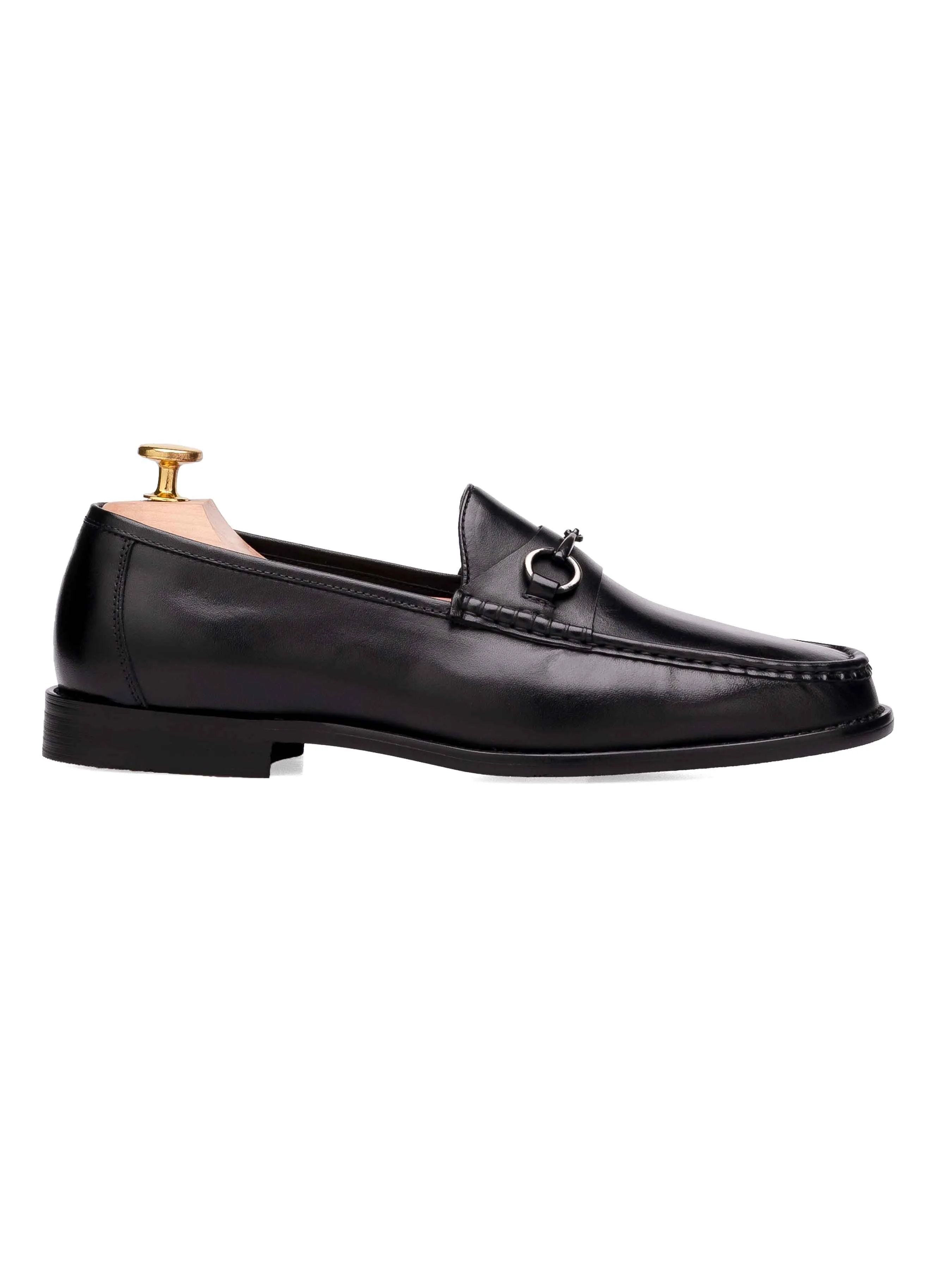 Define Your Own Way Budget Friendly Mario HorsebitMoccasinLoafer - Black Leather (Silver Buckle)