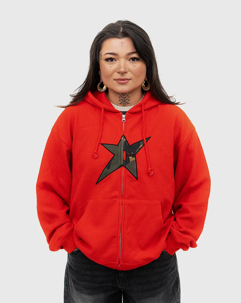 Carpet C Star Thermal Zip Up Hoodie - Red Comfortable With Different Sock Packaging Designs Comfortable Ribbing Seams
