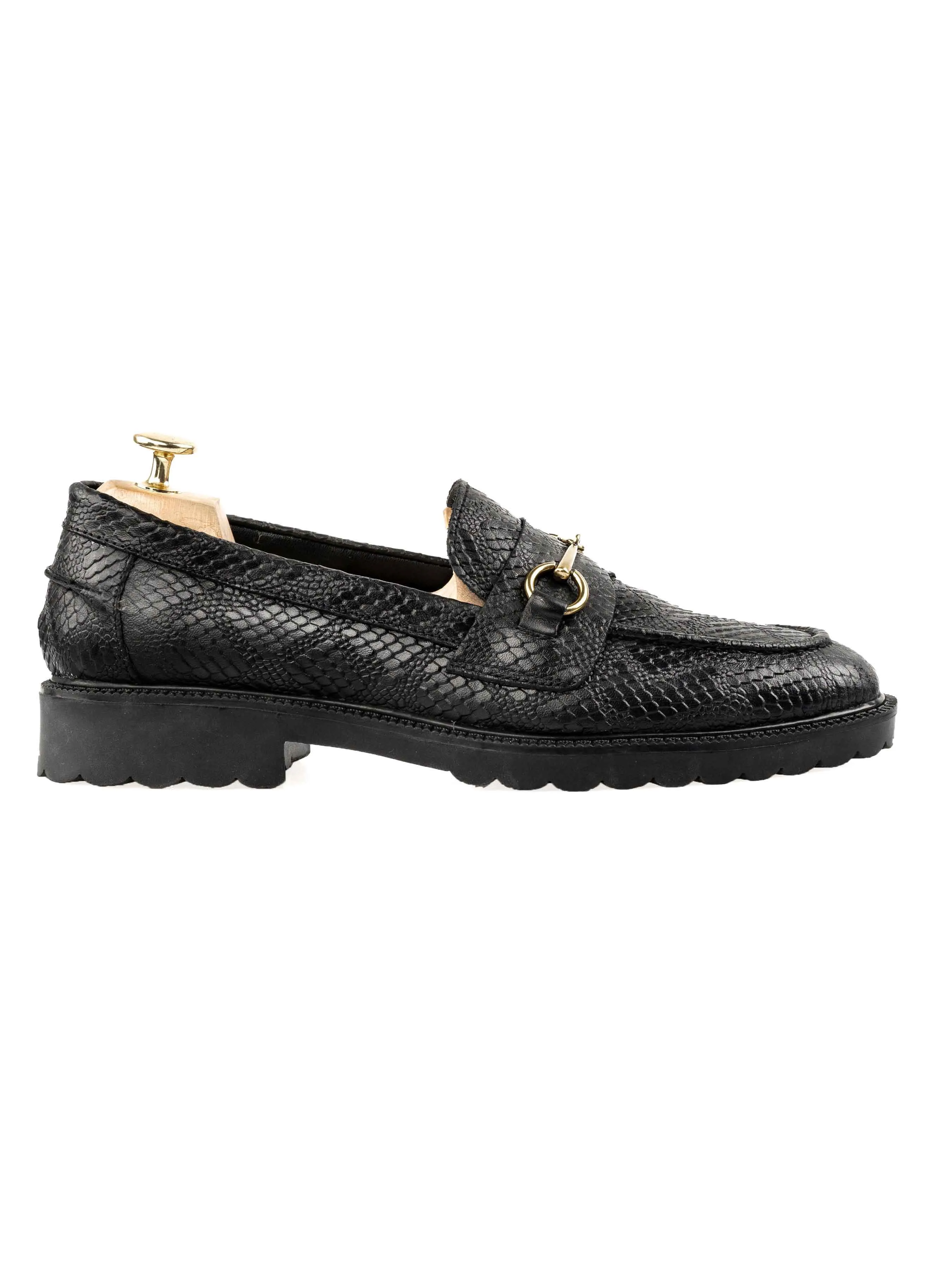 Penny Loafer Horsebit Buckle - Black Phyton Leather (Combat Sole) Chase What Moves You President's Day Sale