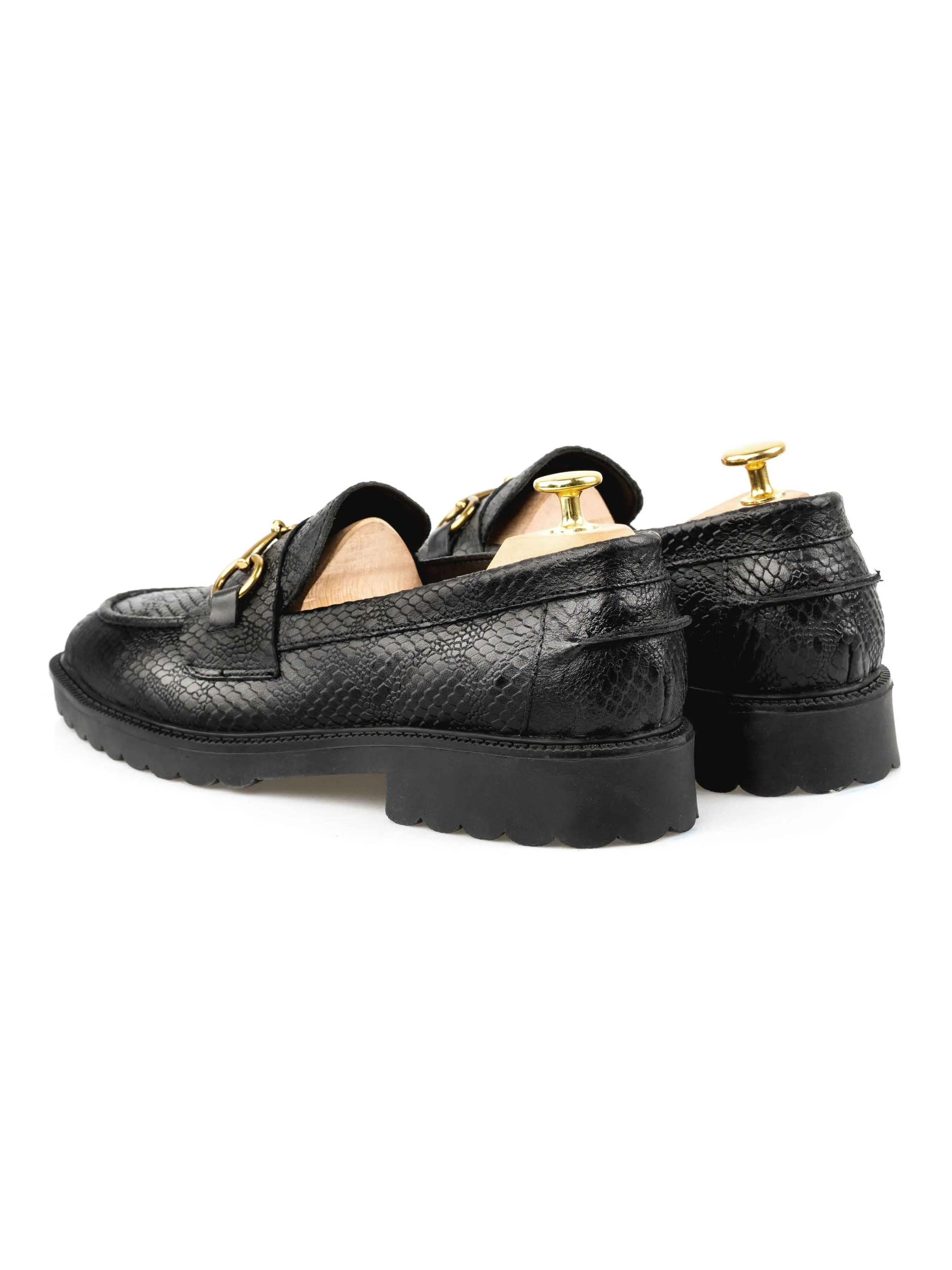 Walk Tall Holiday Sale Penny Loafer Horsebit Buckle - Black Phyton Leather (Combat Sole)