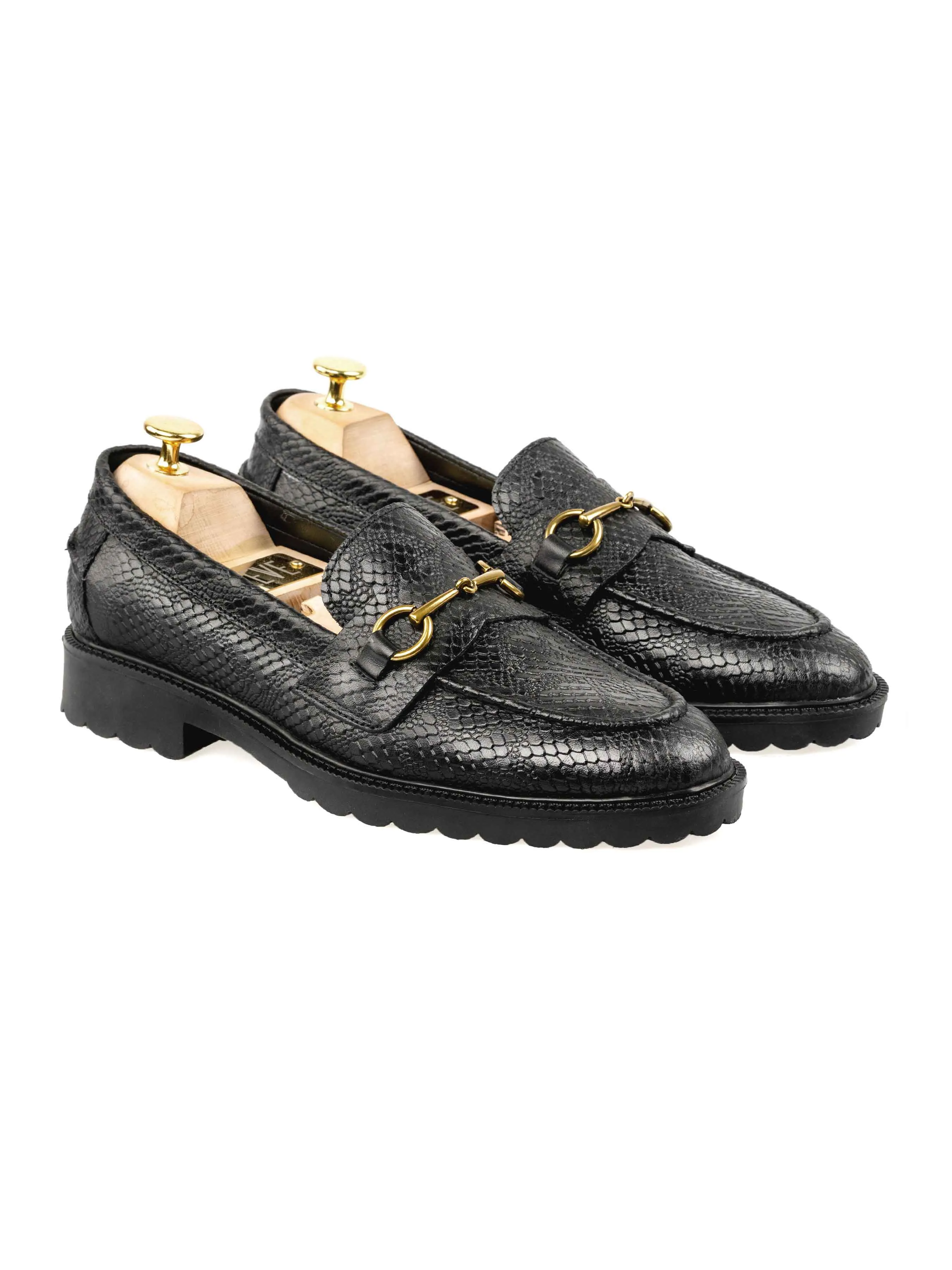 Penny Loafer Horsebit Buckle - Black Phyton Leather (Combat Sole) Holiday Sale Unapologetically You