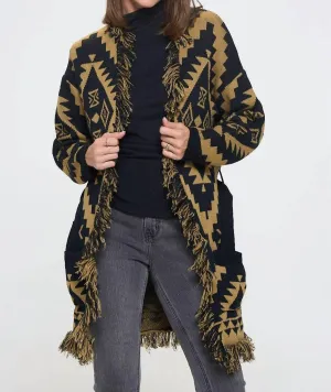 Cardigan à imprimé tribal avec franges et lien en taupe/noir
