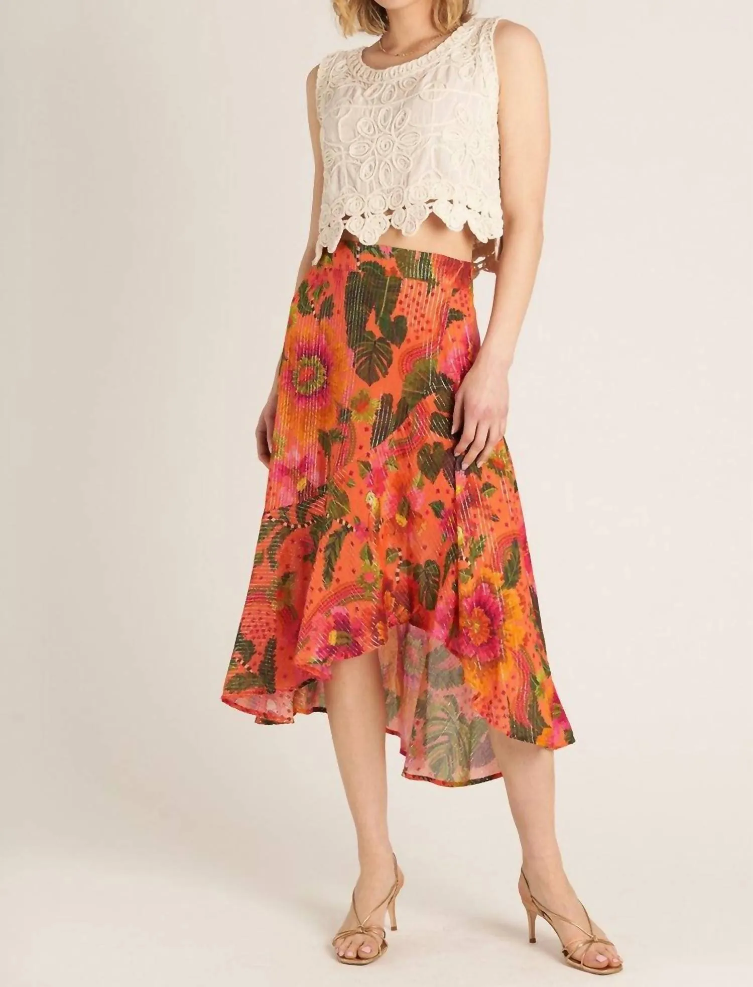Jupe Midi Tropicale en Orange
