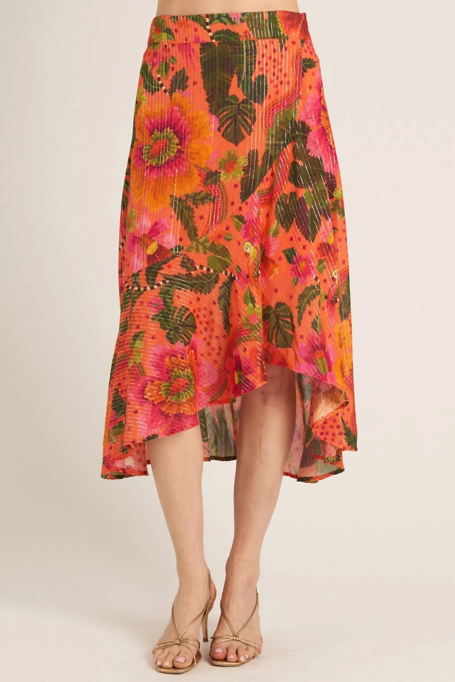 Jupe Midi Tropicale en Orange