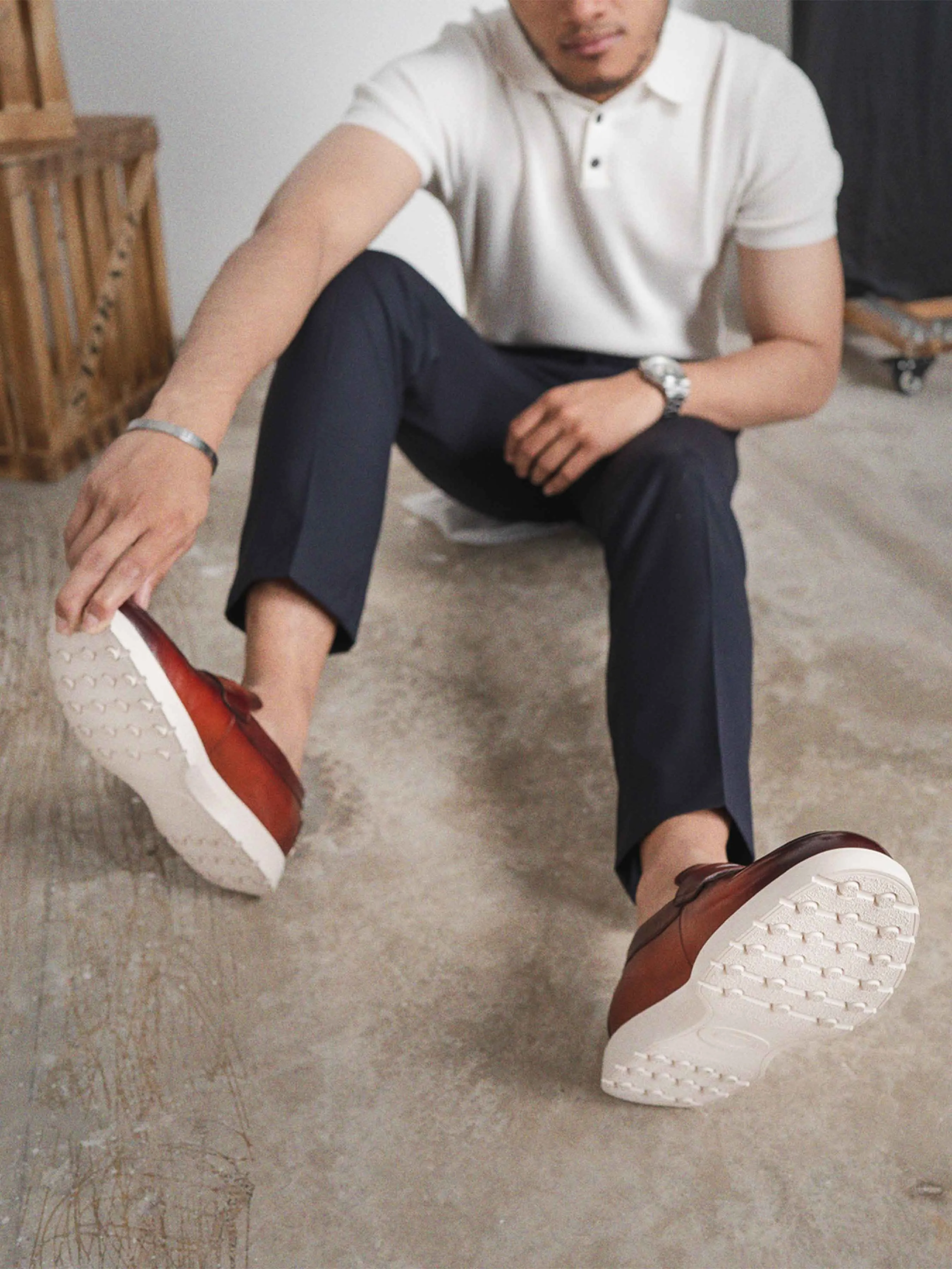 Walking Style Arch Support Padding Penny Loafer - Cognac Tan (Chalk Sole)
