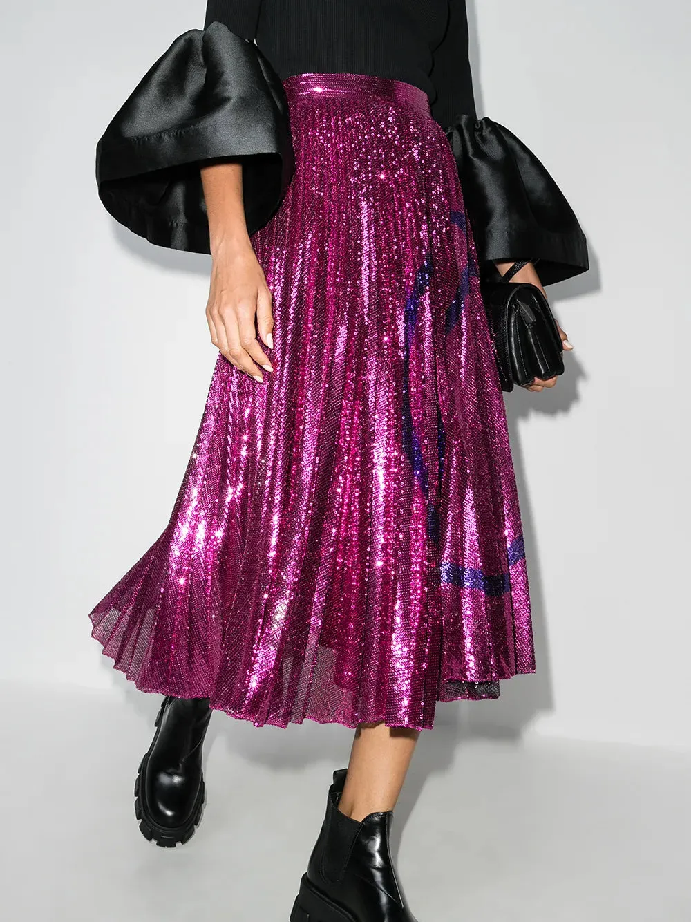 Jupe mi-longue plissée Valentino à paillettes et embellissements