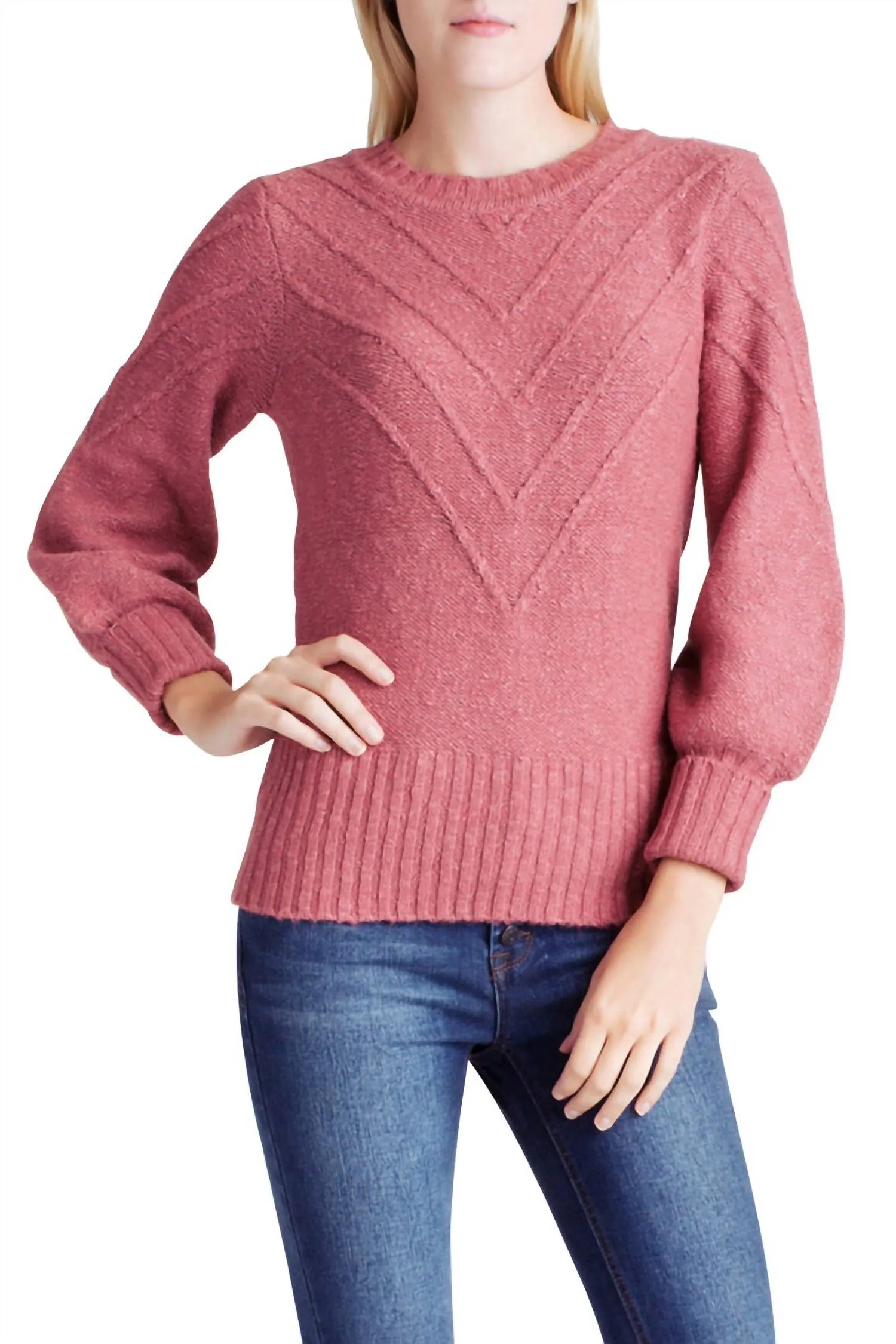 Pull à manches longues en mélange de coton panaché rose