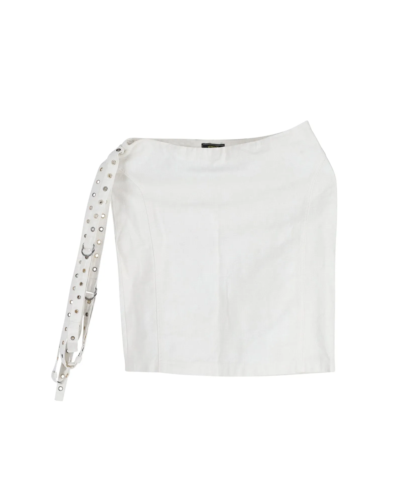 Jupe courte en coton écru Versace avec ceinture et détails œillets