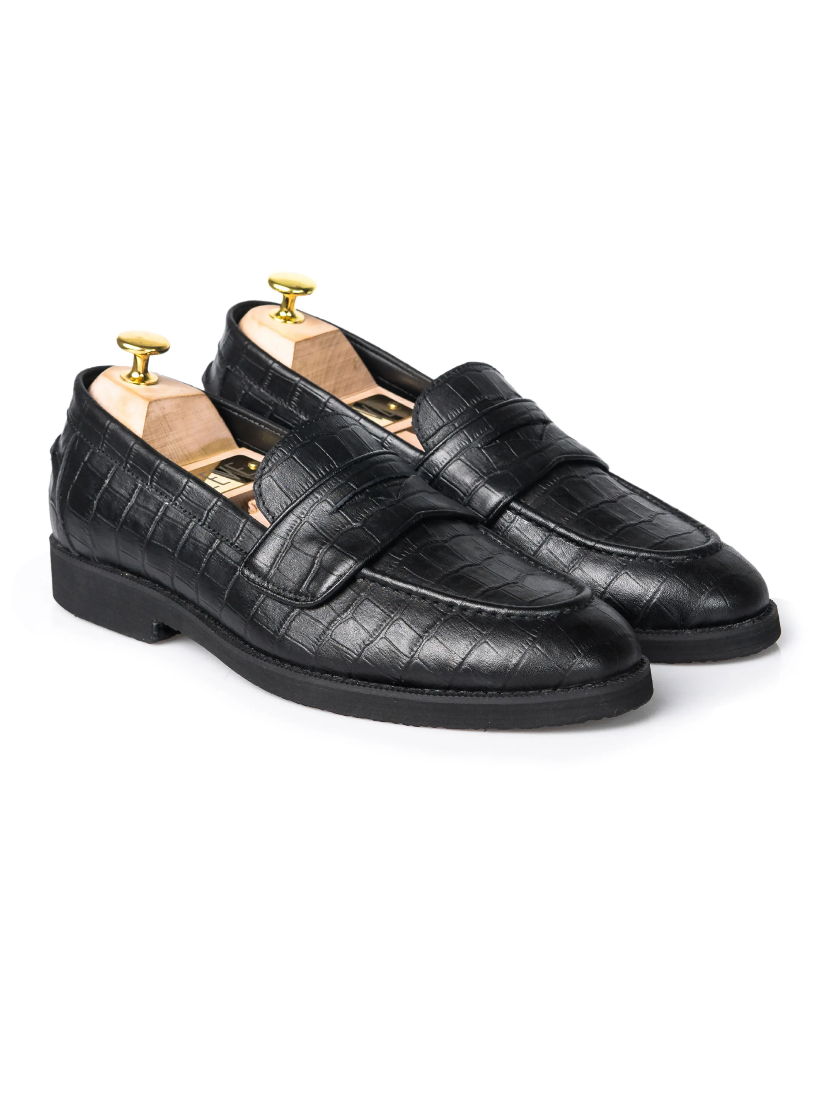Wayne Penny Loafer - Black Croco Leather (Crepe Sole) Sneaker Style Adjustable Strapping Treatment