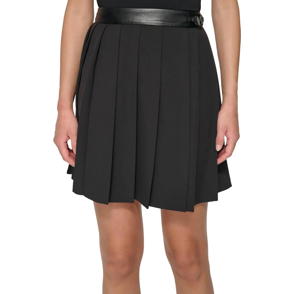 Jupe plissée tricotée avec empiècements en simili-cuir pour femme