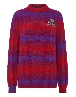Pull en laine tricotée à col rond manches longues motif crâne et os