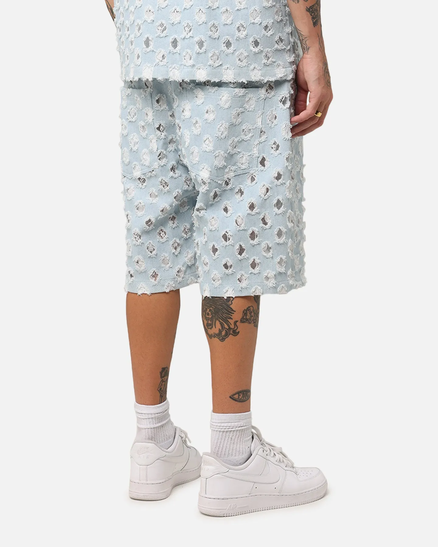 XXIII Jorts en Denim Texturé Dentelle Bleu Clair