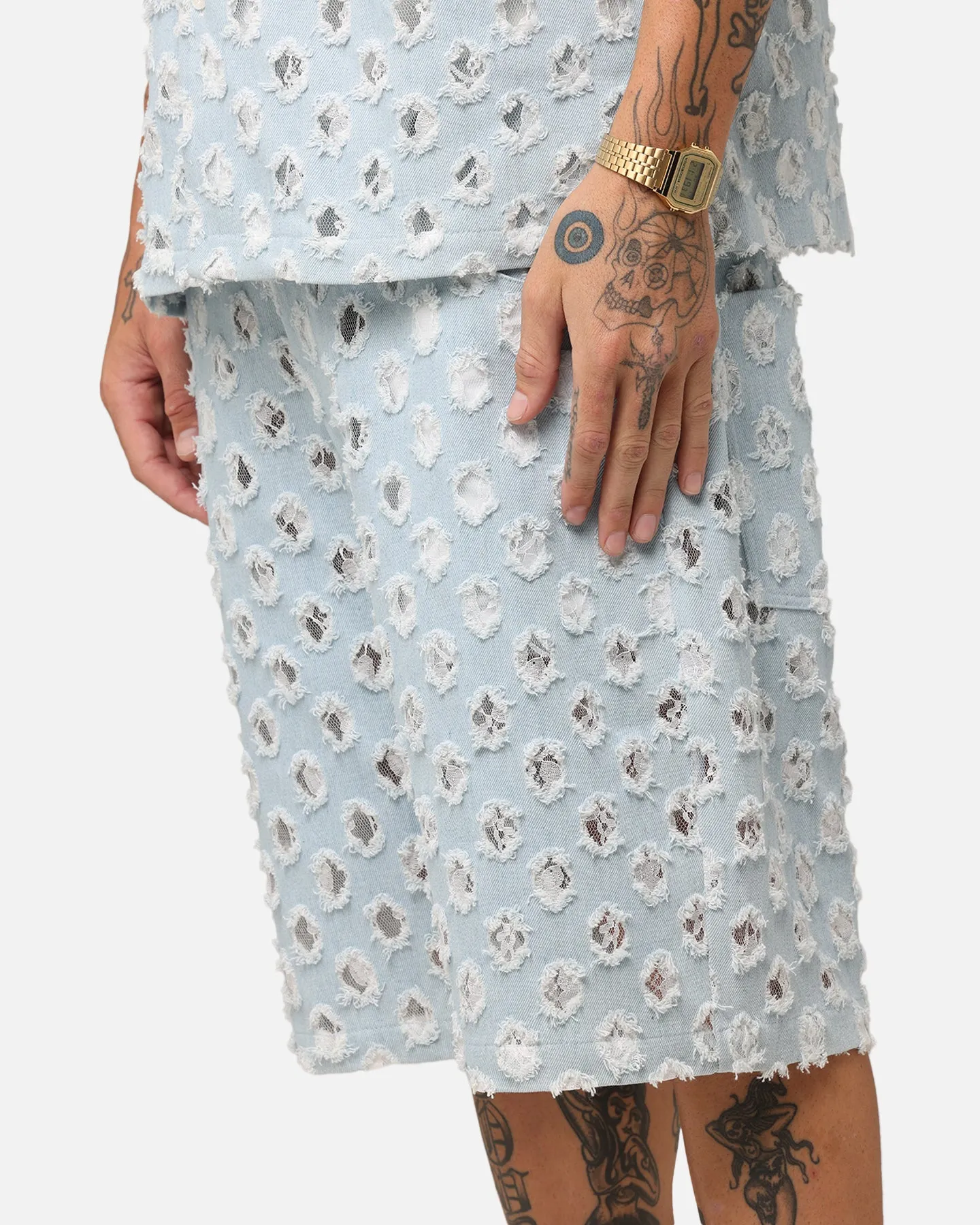 XXIII Jorts en Denim Texturé Dentelle Bleu Clair