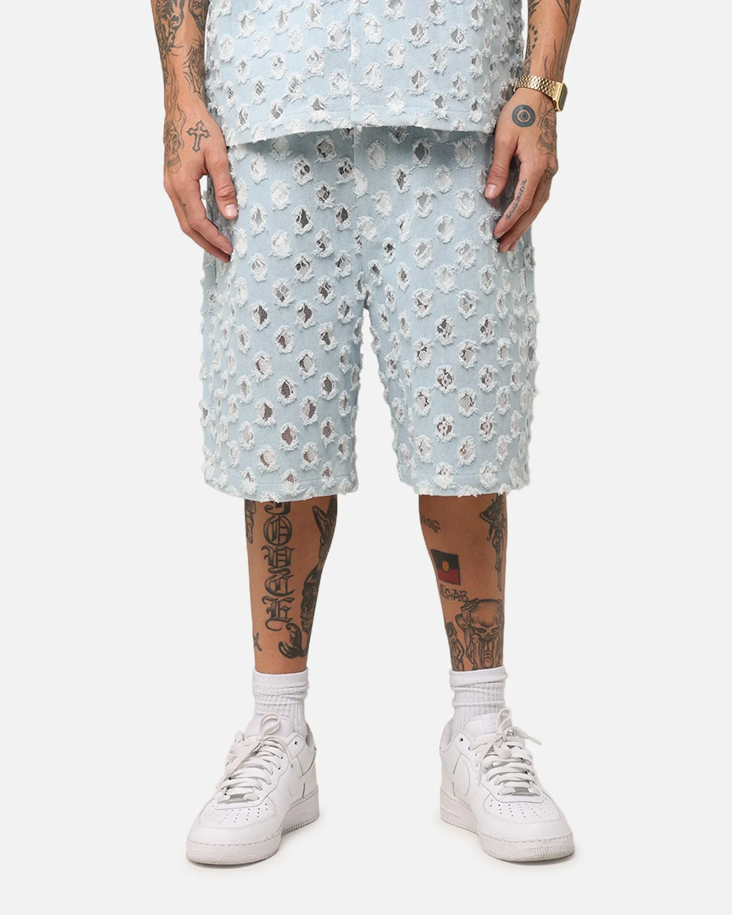 XXIII Jorts en Denim Texturé Dentelle Bleu Clair