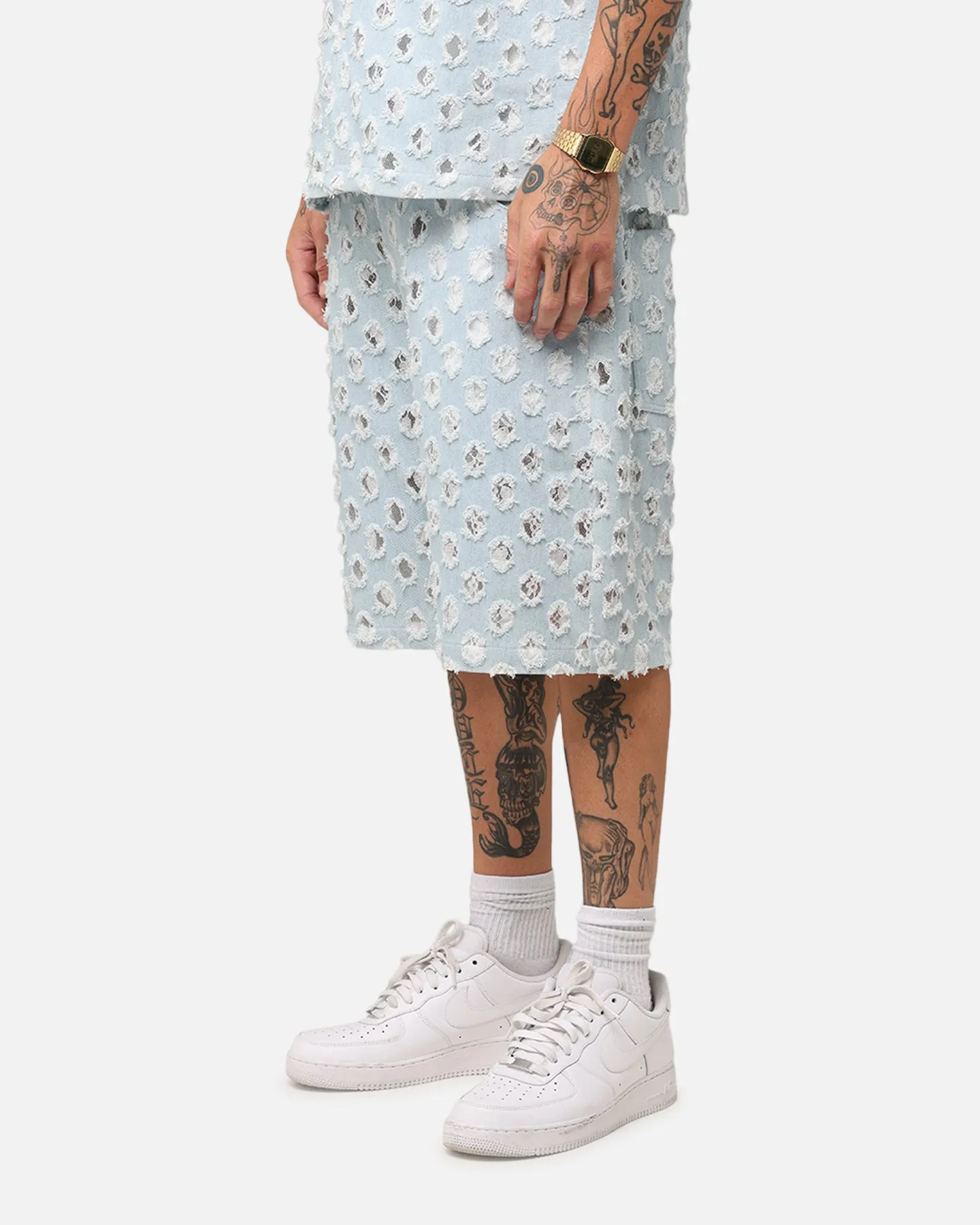 XXIII Jorts en Denim Texturé Dentelle Bleu Clair