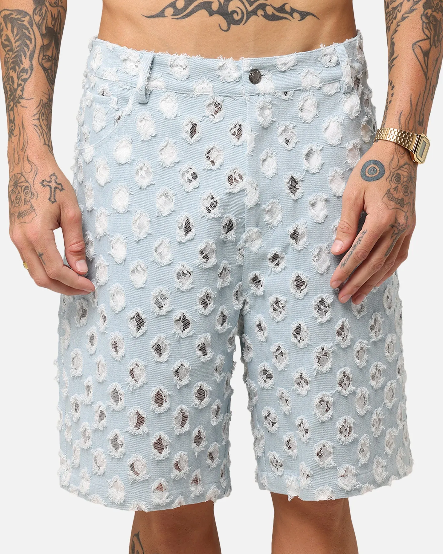 XXIII Jorts en Denim Texturé Dentelle Bleu Clair