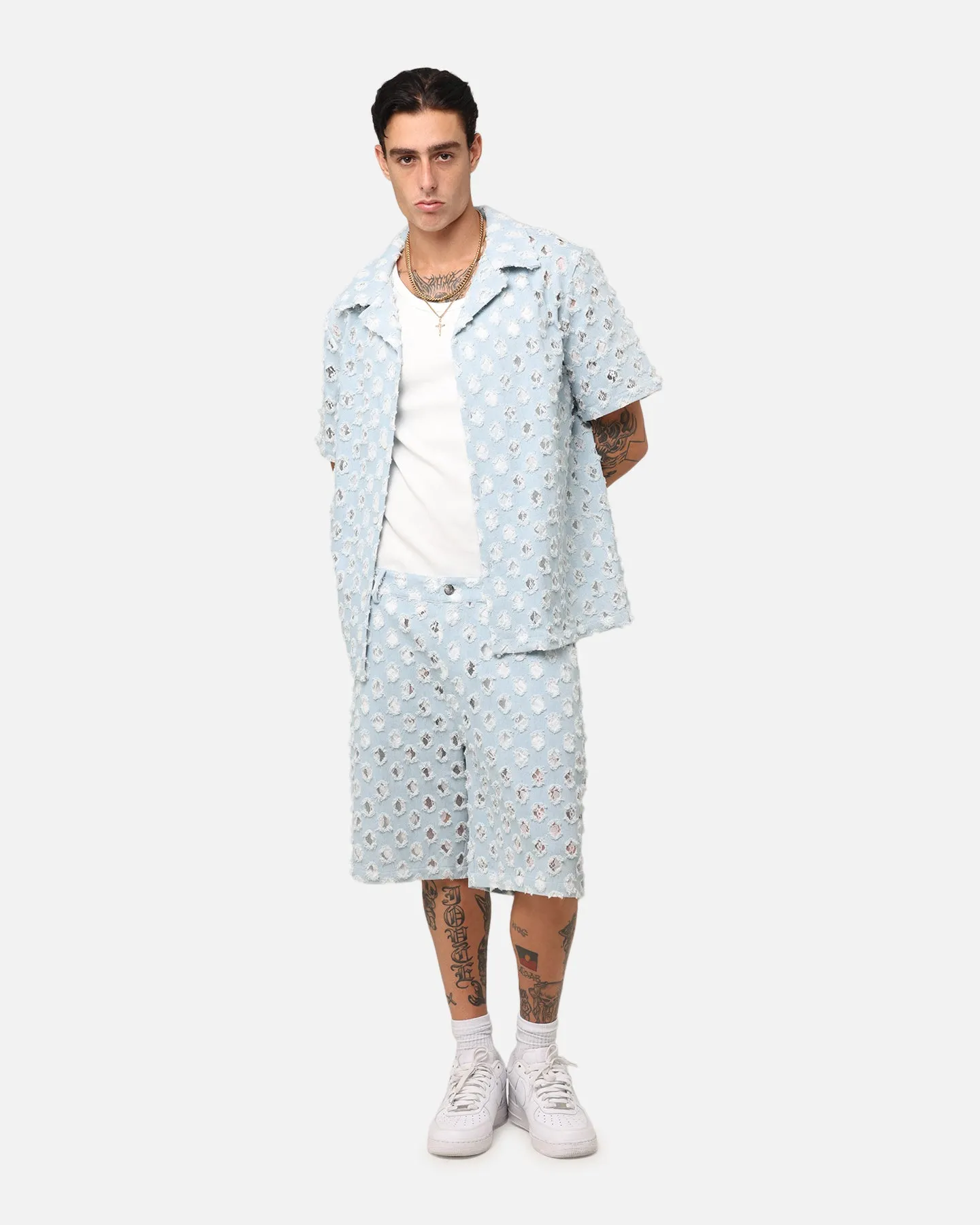 XXIII Jorts en Denim Texturé Dentelle Bleu Clair