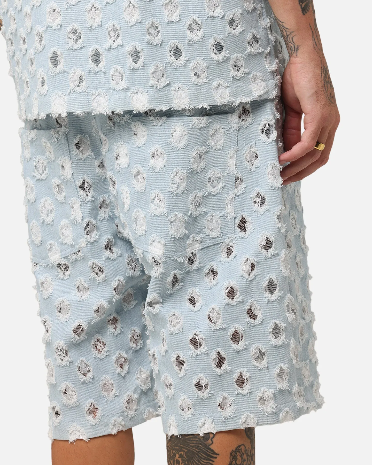 XXIII Jorts en Denim Texturé Dentelle Bleu Clair