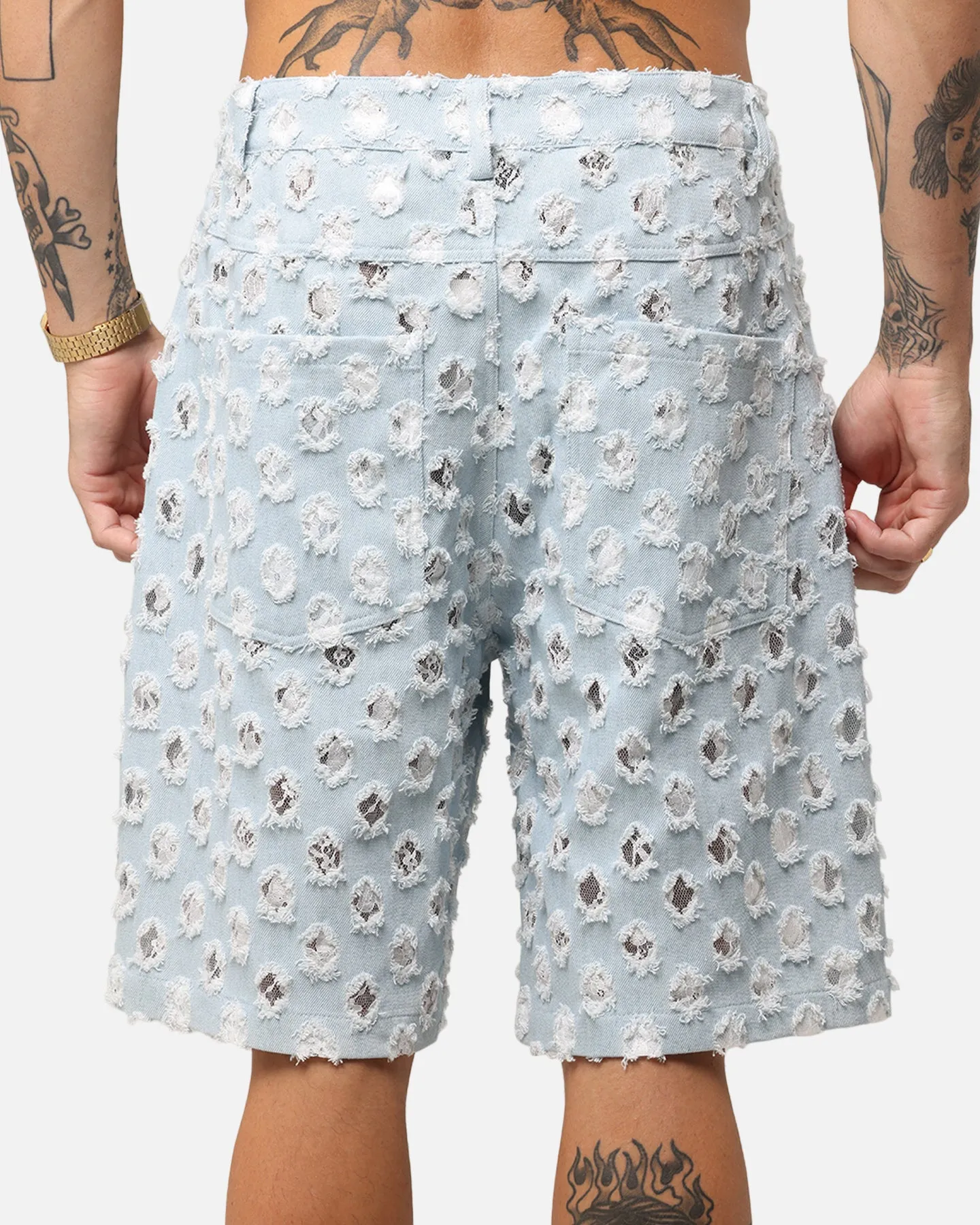 XXIII Jorts en Denim Texturé Dentelle Bleu Clair
